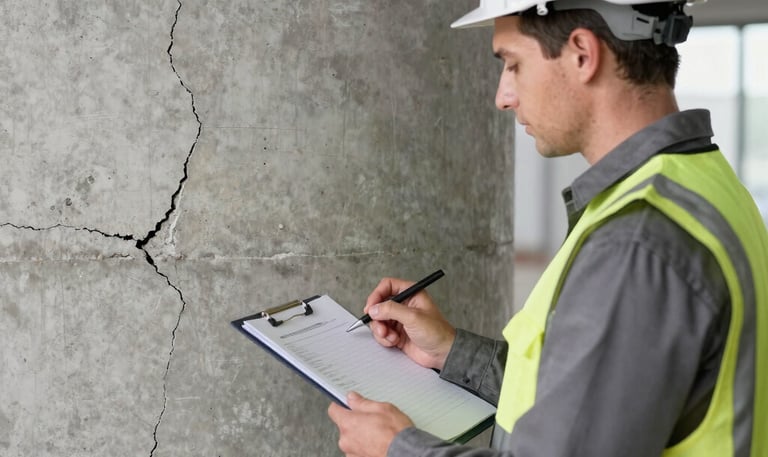 Close-up of a consultant examining structural damage on a residential building.