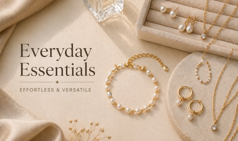 Elegant collection of gold and pearl jewelry including necklaces, earrings, and a bracelet.