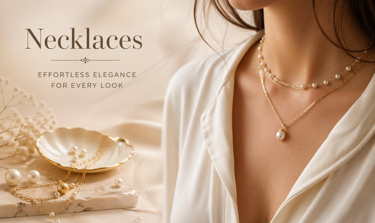 Elegant woman wearing layered gold and pearl necklaces for a sophisticated jewelry collection display.