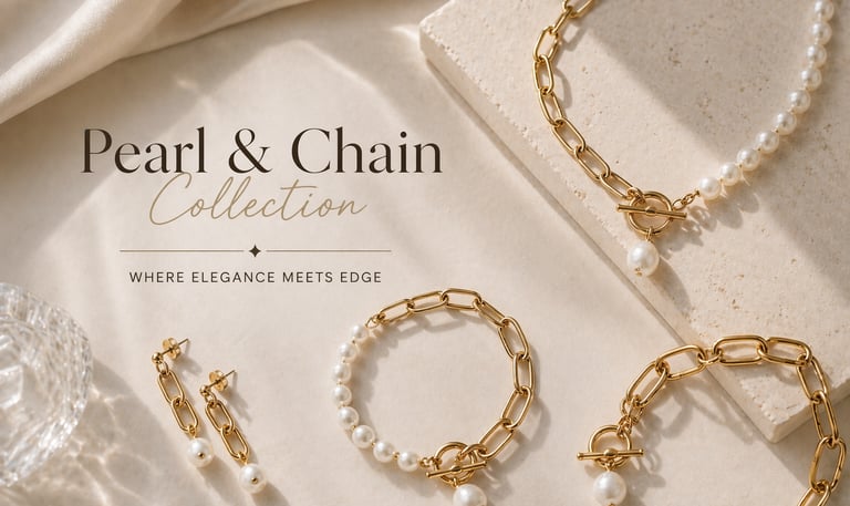 Gold chain and pearl jewelry collection featuring a necklace, bracelet, and earrings on a textured stone surface.