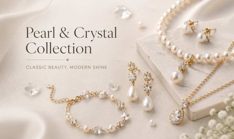 Elegant gold pearl and crystal jewelry collection featuring a necklace, earrings, and bracelet on silk.
