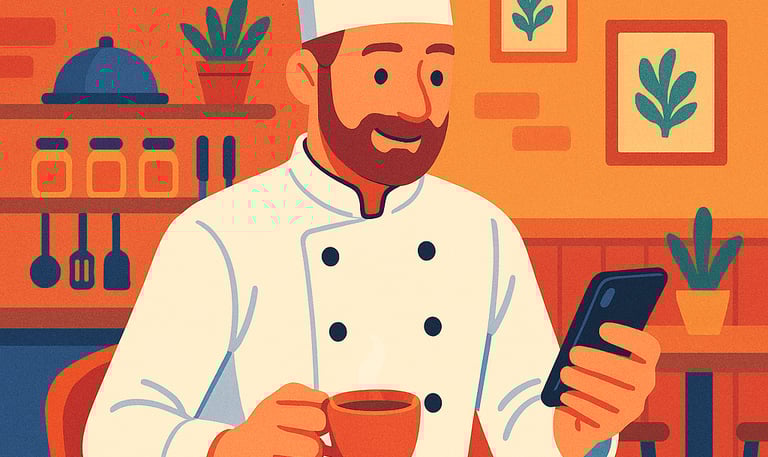 Ilustración en Hostelería, cocinero usando el comparador Dighoreca mientras toma un café