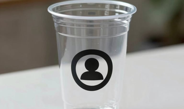 A refreshing iced drink in a transparent cafecup cup with condensation droplets, set against a sunny outdoor cafe background.