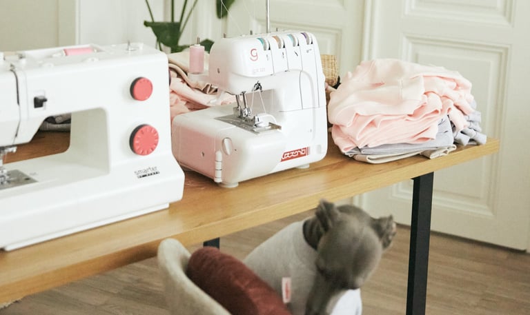 a cat sitting on a table with a sewing machine