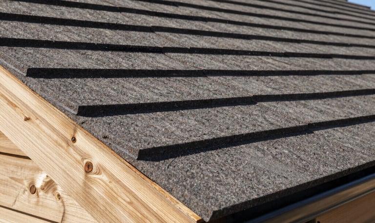 A skilled roofer carefully inspecting a residential roof under bright daylight.