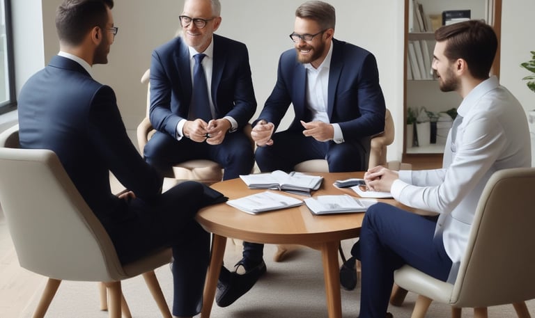 A team of financial advisors discussing reports around a conference table.