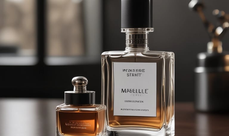 A sleek bottle of woody men's perfume on a dark wooden surface