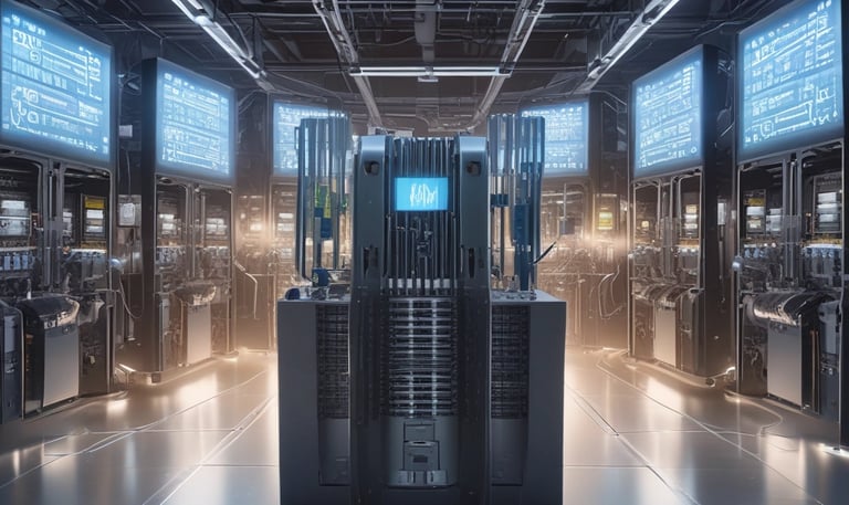 Close-up of embedded AI hardware connected to a sleek industrial automation system.