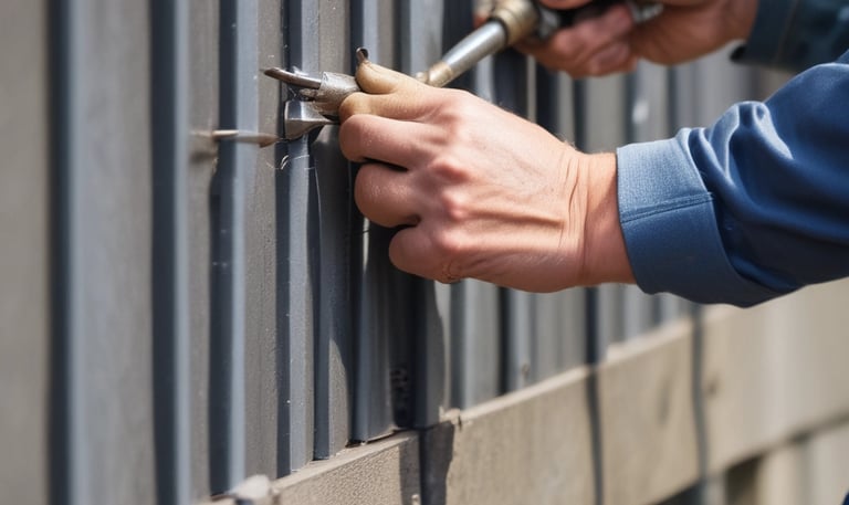 Smiling installer fitting a metal balustrade on a modern home porch, surrounded by happy homeowners.