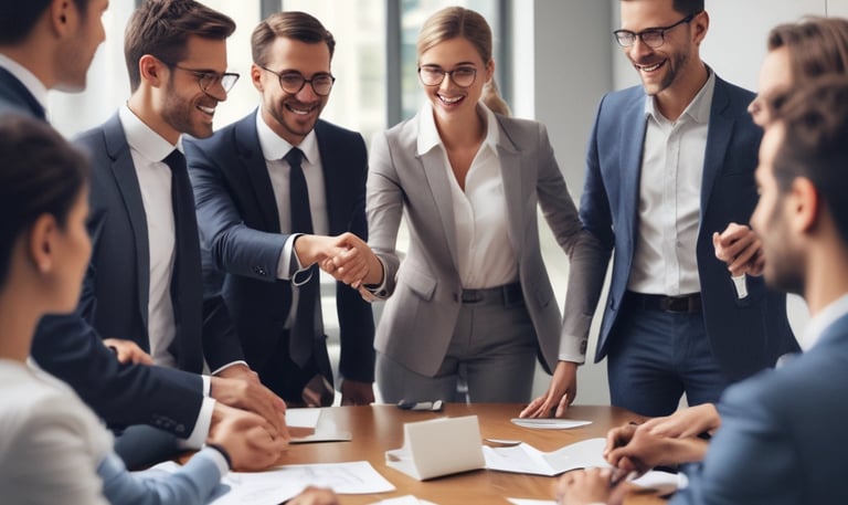 A vibrant team of salespeople celebrating a successful deal in a modern office.