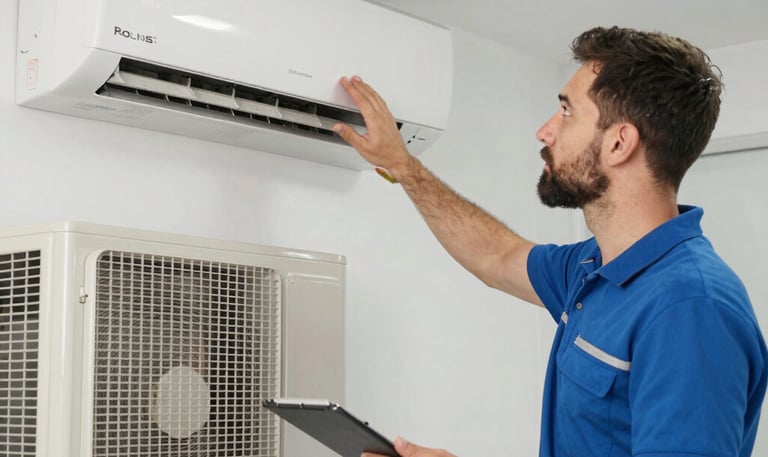 An electrician carefully installing a new light fixture in a stylish living room with large windows overlooking Dubai skyline.