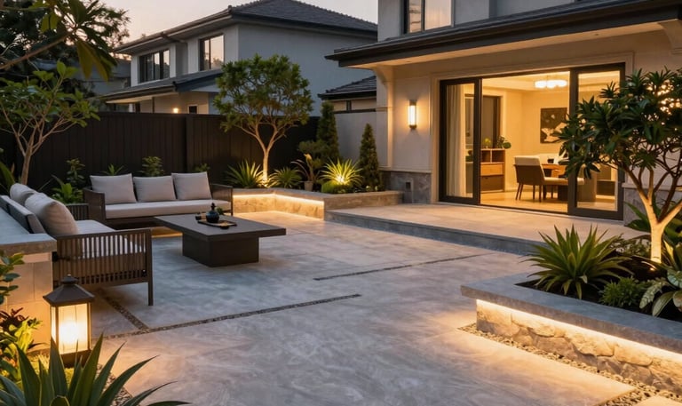 A beautifully constructed stone patio surrounded by lush greenery on a sunny day.