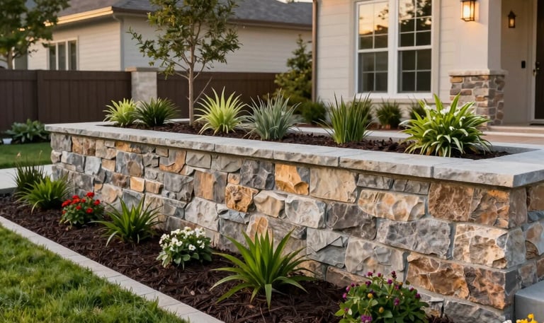 A winding stone walkway bordered by lush greenery and colorful flowers, leading to a charming front door.