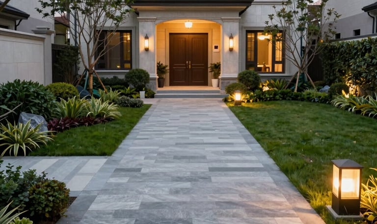 A beautifully crafted stone patio with warm lighting and comfortable seating under a twilight sky.