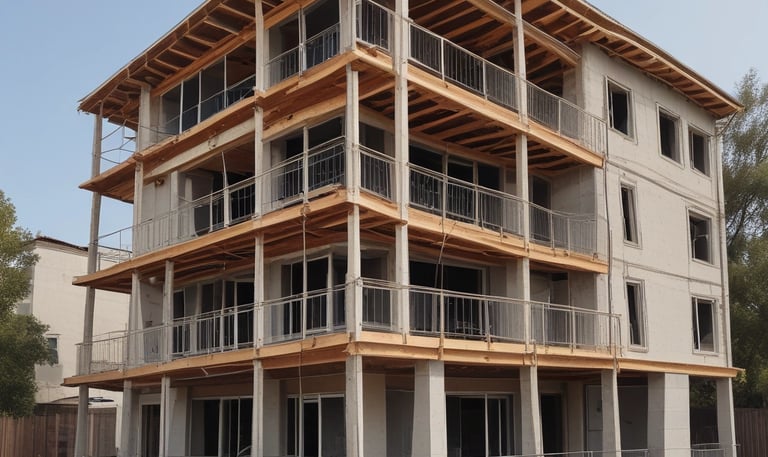 A panoramic view of a recently completed commercial building with sleek glass facades under a clear blue sky.