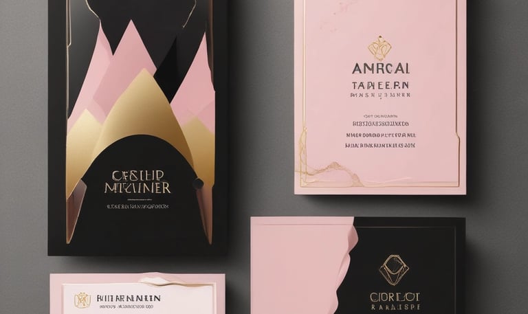A sleek, modern brand kit layout featuring a bold logo, color swatches in blush and hot pink, and elegant typography samples with gold accents.