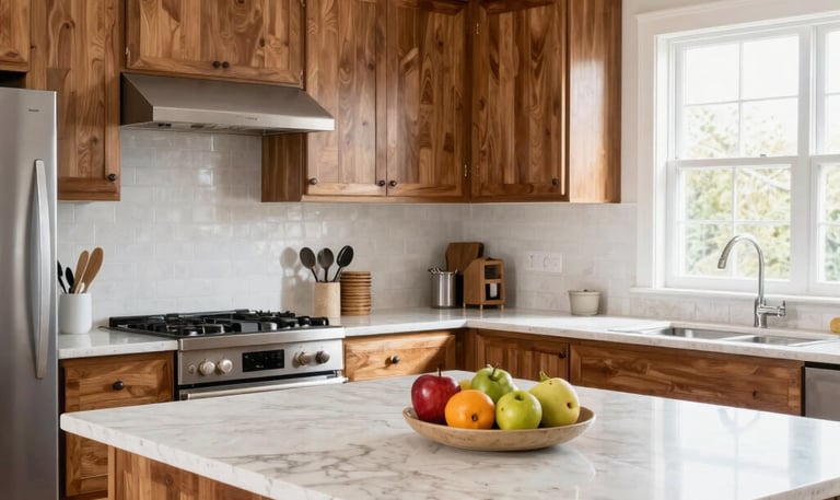 Bright, modern kitchen with natural wood cabinets and stone countertops.