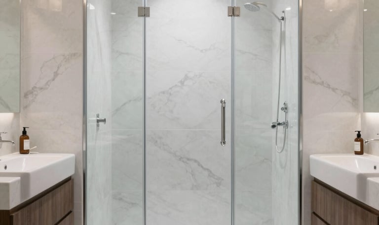 Cozy bathroom featuring a walk-in shower with glass doors and soft lighting.