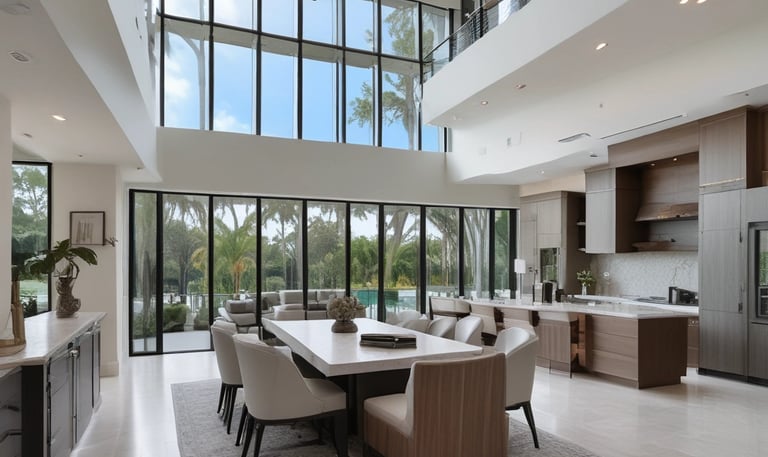 Comfortable living room with custom wood paneling, plush seating, and ambient lighting.