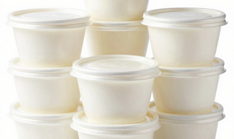 A close-up of clear thermoformed cups stacked neatly on a production line.