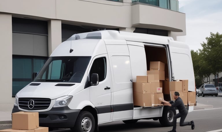 A courier driver loading packages into a sprinter van in a busy urban neighborhood.