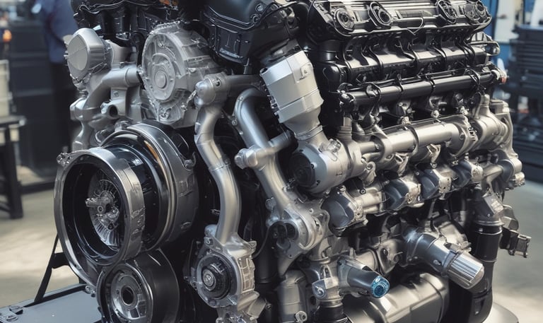 Engine components illuminated in blue light, showing modern technology.