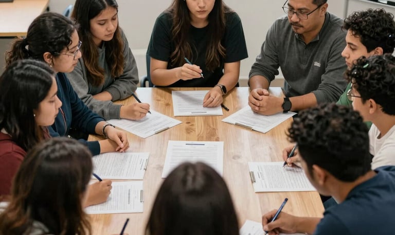 Team meeting with diverse Latino entrepreneurs discussing growth strategies around a conference table.