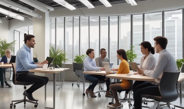An HR specialist reviewing resumes with a focused team in a modern office.