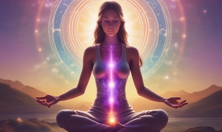 An immersive exhibit showing layered geometric shapes and shifting light patterns representing multiple dimensions.