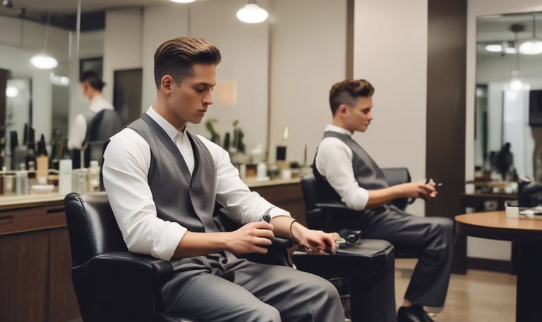 A barber gently giving a client a luxurious straight razor shave in a stylish, vibrant salon setting.
