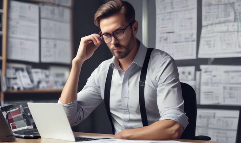 A calm professional reviewing documents and notes on a laptop in a minimalist office.