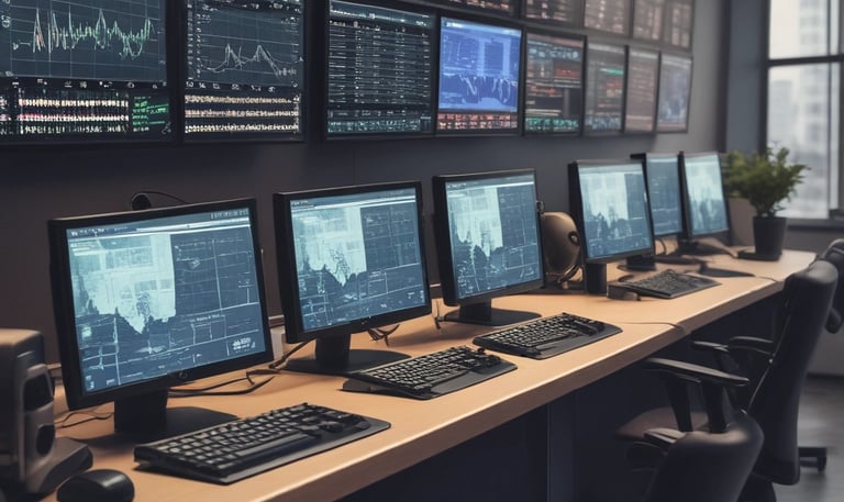 A confident trader analyzing algorithm performance on multiple monitors in a modern office setting.