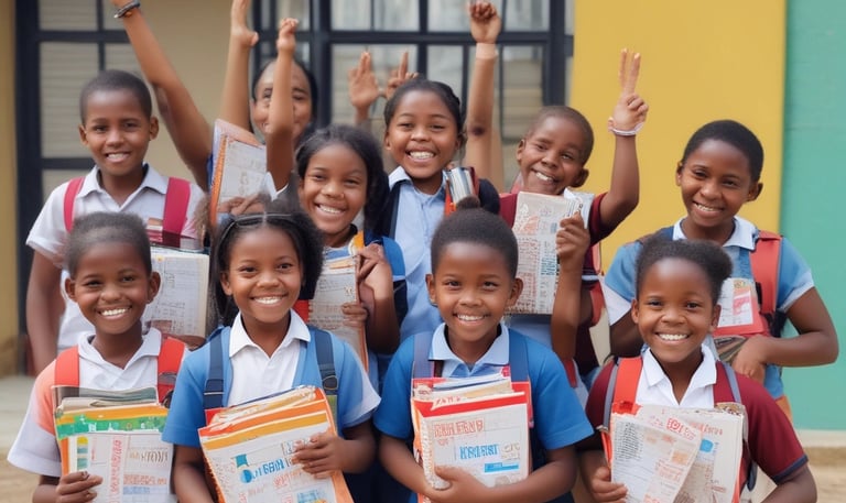 A child smiling warmly while holding a colorful backpack filled with new school supplies in a sunlit classroom.