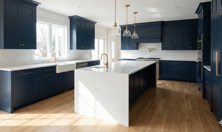 Luxury kitchen renovation in Virginia Beach with navy blue shaker cabinets, quartz countertops, and gold hardware fixtures.