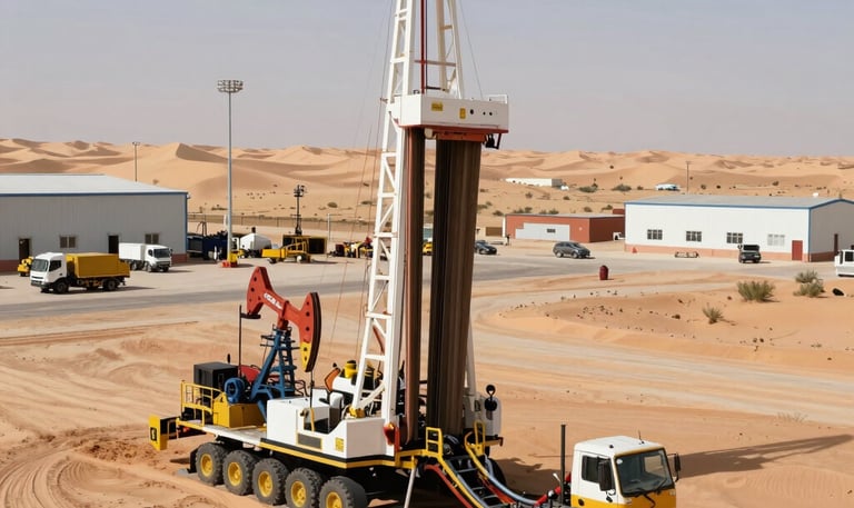 A workover rig in action with technicians performing maintenance on an oil well surrounded by lush greenery.