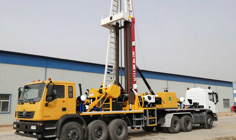 A workover rig in action with technicians performing maintenance on an oil well surrounded by lush greenery.