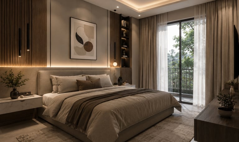 Modern luxury bedroom featuring warm cove lighting, wood wall panels, and a private balcony with garden views.