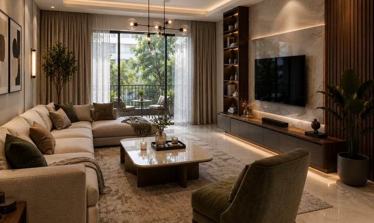 Modern luxury living room with a large sectional sofa, marble wall paneling, and warm cove lighting.