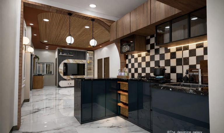 Modern luxury kitchen featuring navy blue cabinets, marble floors, and a black and white checkered backsplash.