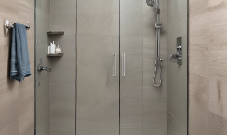 Before and after images of a stunning bathroom remodel featuring stone panel shower surrounds.