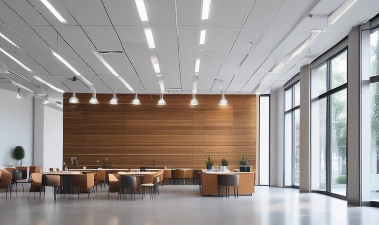 Modern apartment interior with sleek kitchen and living area under soft natural light.