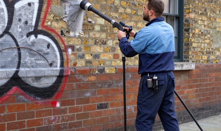 A clean, bright commercial building exterior after a power washing session.