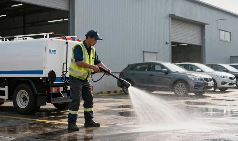 A freshly power washed driveway gleaming under morning sunlight.