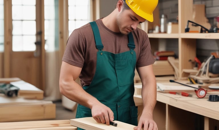A handyman repairing a door hinge in a cozy living room.