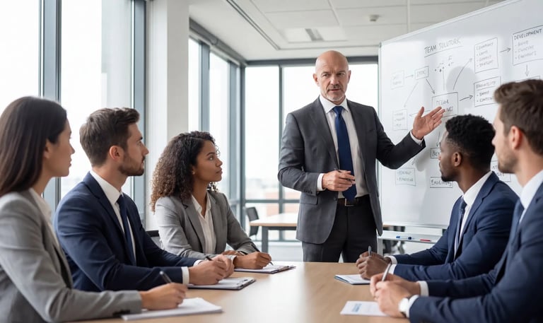 Business professionals in formal meeting discussing strategy around conference table