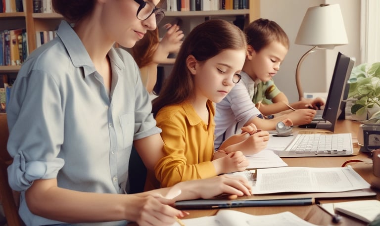 A warm mother helping her child with homework at a cozy kitchen table.