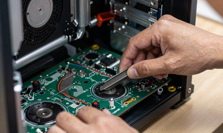 Technician carefully replacing a cracked laptop screen in a cozy workshop.