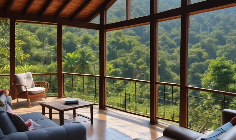 A cozy mountain villa surrounded by tropical trees and vibrant flowers in Jarabacoa.