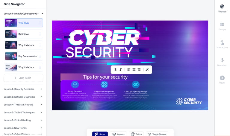 A cybersecurity educational slide showing tips for strong passwords and software updates.