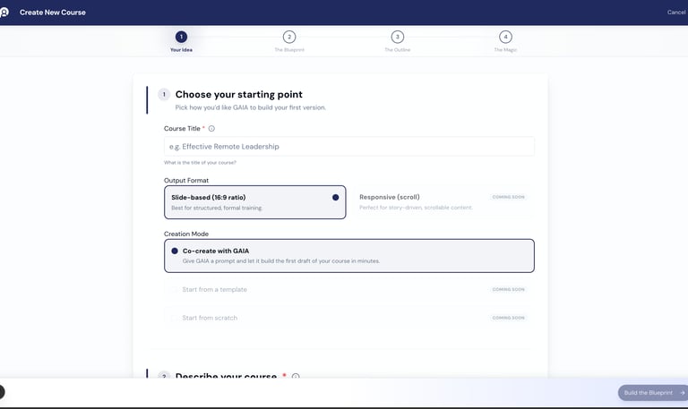 User interface for an online course creator platform showing options to start with GAIA AI or templates.